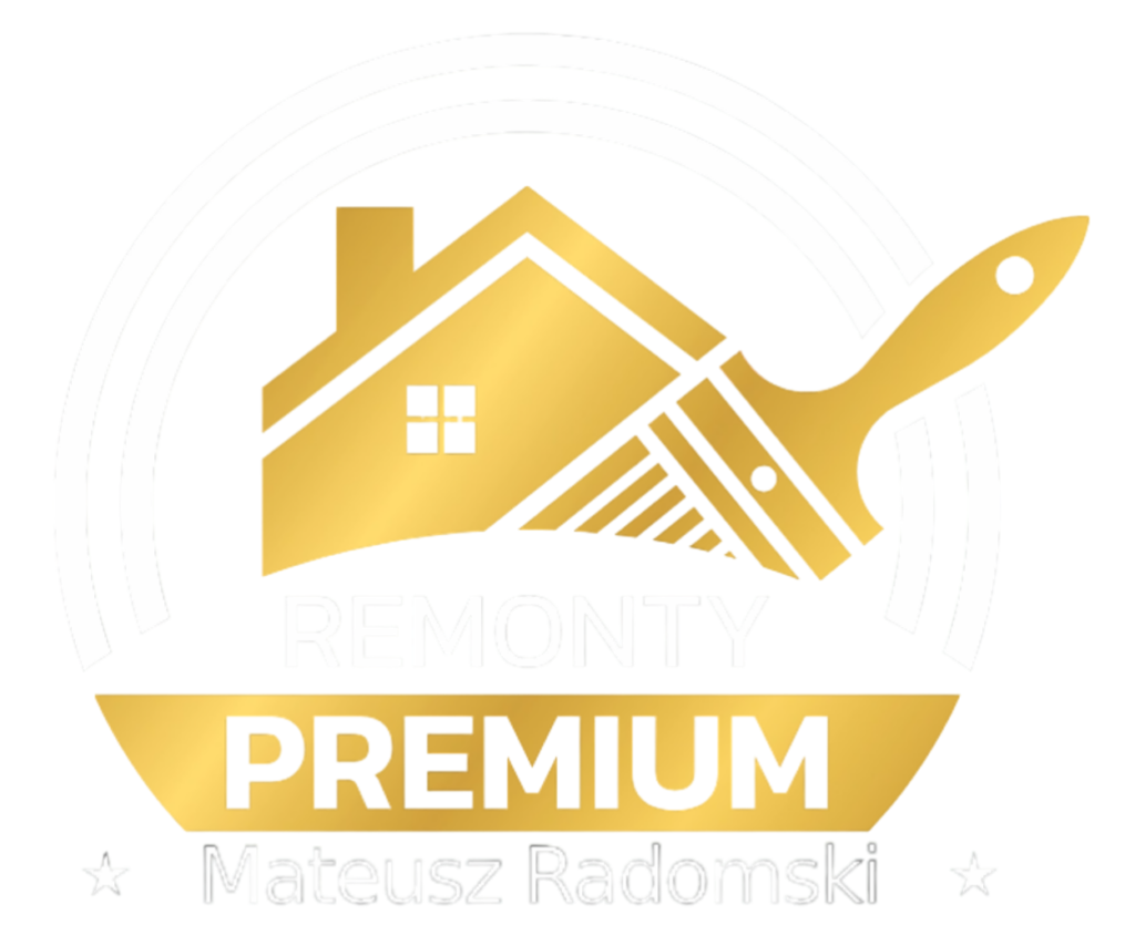 Złoto-białe logo firmy wykończeniowej przedstawiające pędzel malarski wkomponowany w sylwetkę domu, z napisem „Remonty PREMIUM Mateusz Radomski”.